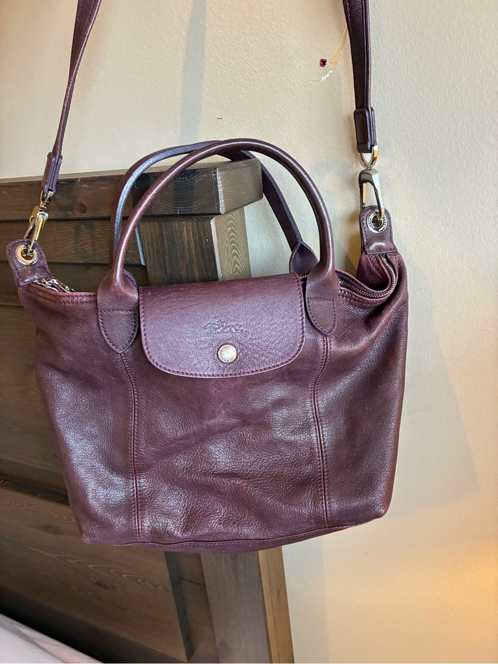 Longchamp made in France Plum Le Pliage Cuir purse Bag